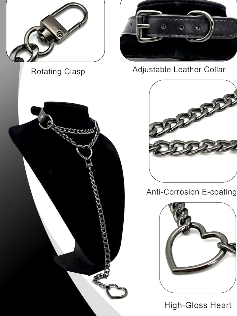 Heart Chain Leather Collar - Black Metal Heart Leash